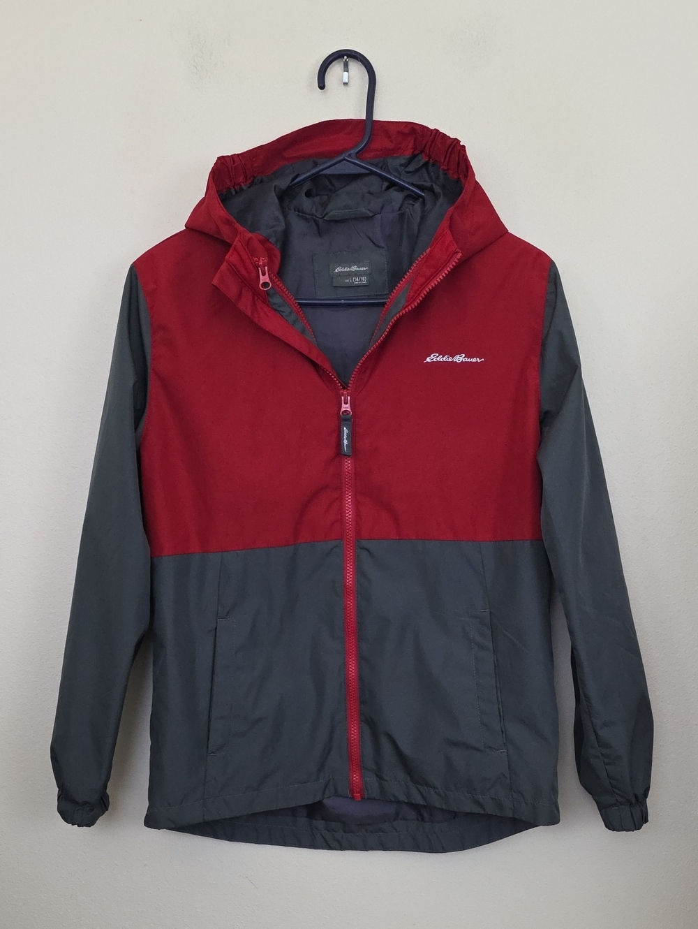 Eddie Bauer Lightweight Water Repellent Gray & Red Hooded  Jacket Boys 14/16 L